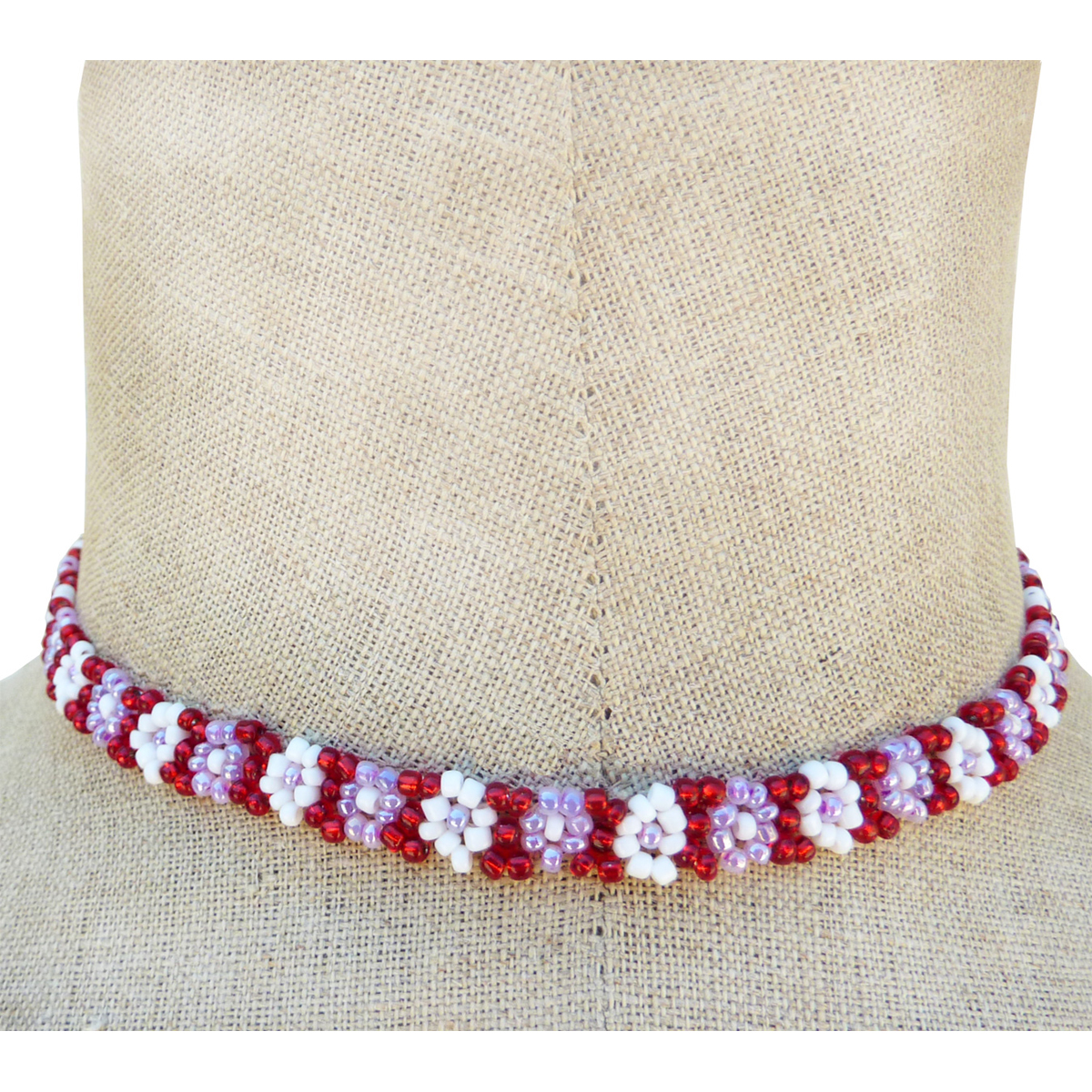 Collier Pettes Fleurs En Perles De Rocaille Rouge Mauve Et Blanc