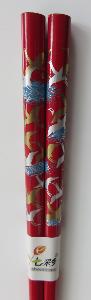 Red Lacquered wooden chopsticks with Crane images on handles