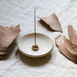 Ume | White Onyx glazed Incense Dish and Gold Coloured holder Set | Handmade Dish
