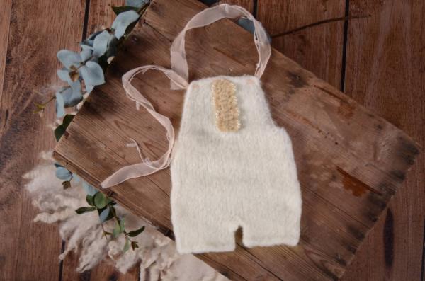 White mohair short dungaree with bow and pearls