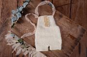 White mohair short dungaree with bow and pearls