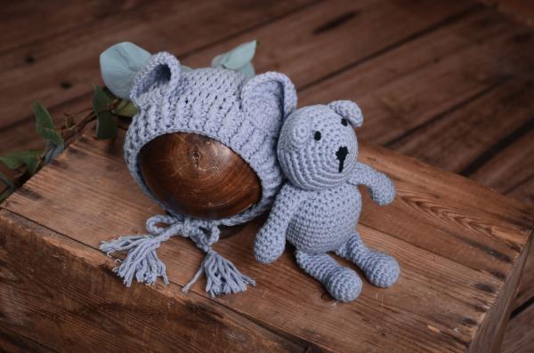 Bluish grey teddy bear and hat set