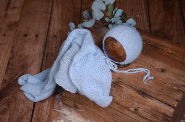 Sky blue smooth mohair wrap and hat set