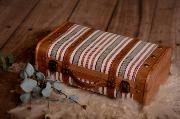 Small red striped suitcase