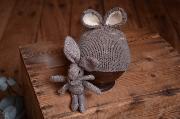 Dark grey bunny-ear hat and toy set