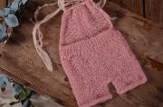 Pink mohair short dungaree with bow and pearls