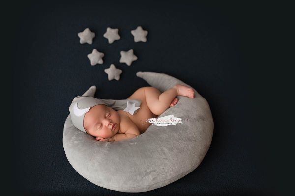 Light grey moon, pillow, and stars set