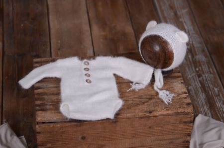 White mohair bodysuit and hat set