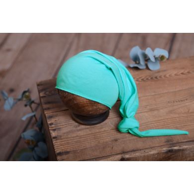 Aquamarine long stitch hat with knot