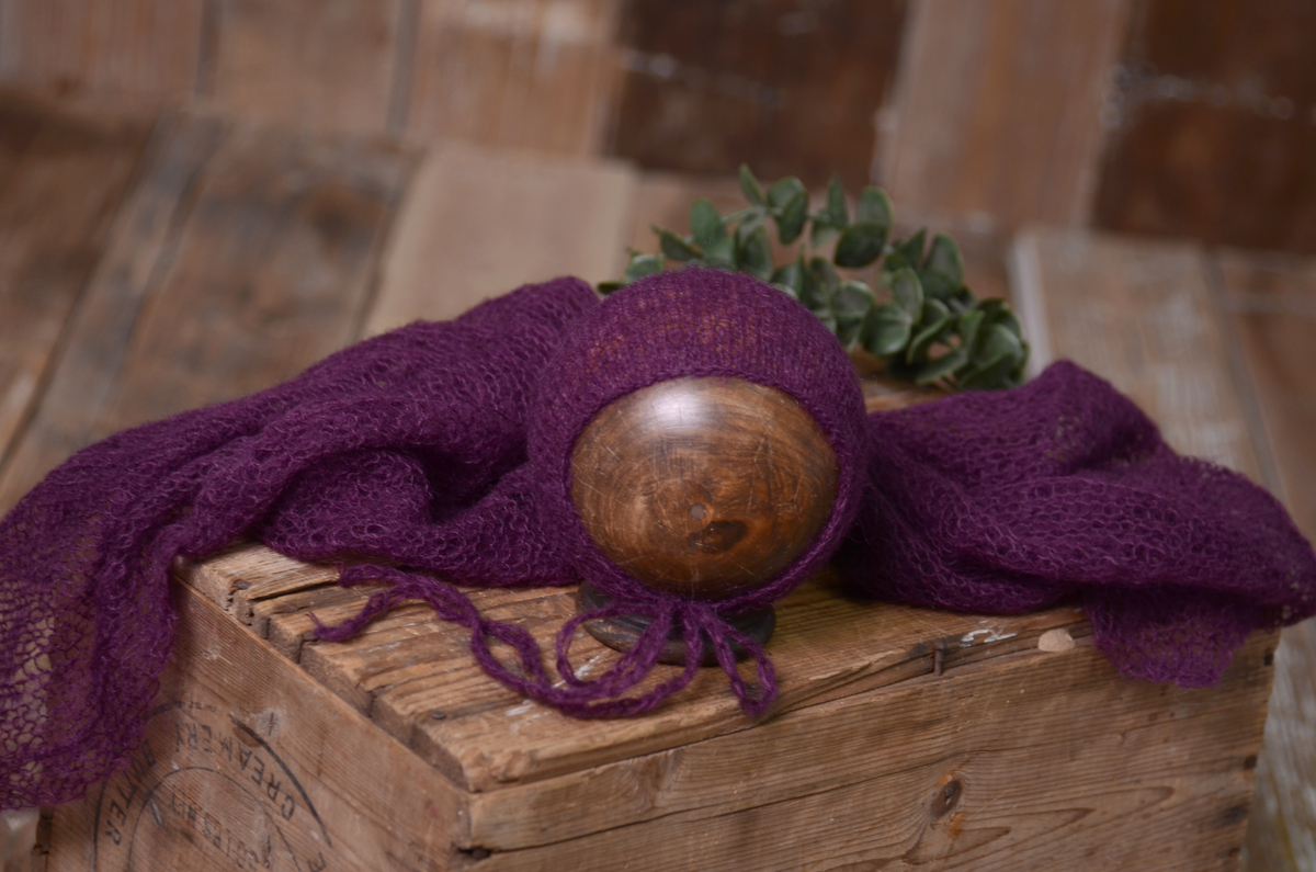 Purple mohair wrap and hat set