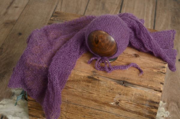 Set de wrap y gorro de angora morado