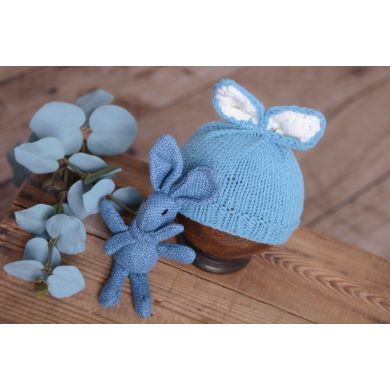 Blue bunny-ear hat and toy set