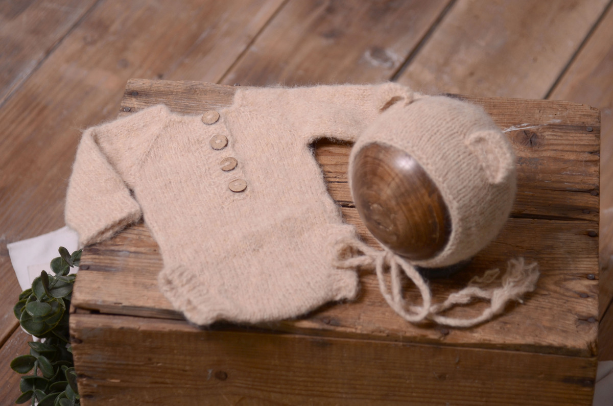 Brown mohair bodysuit and hat set