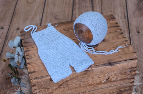 Baby blue mohair hat and dungaree set