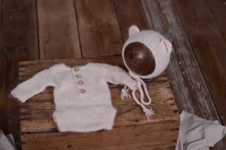Beige mohair bodysuit and hat set