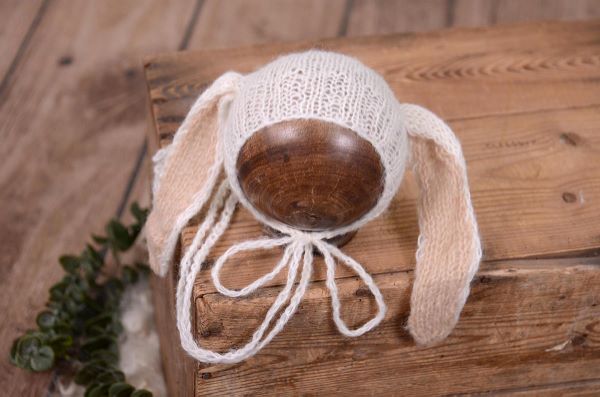 White and beige hat with rabbit ears