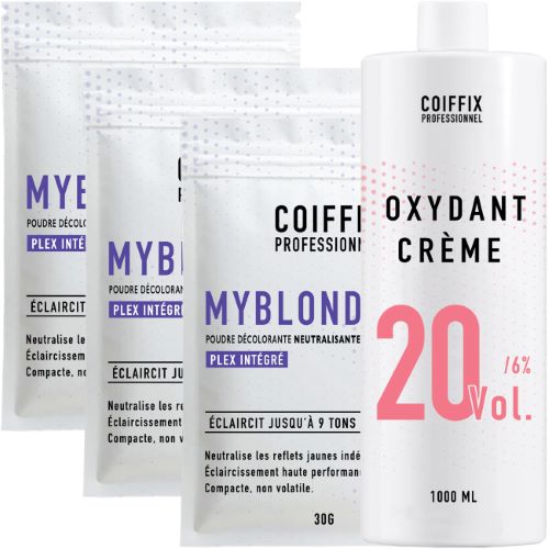 Pack Oxydant 20 Vol + 3 Sachets Poudres Décolorantes 9 Tons MyBlond Coiffix Professionnel