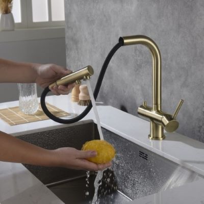 Apala 3-Way Pull-Out Kitchen Filter Tap Antique Brass