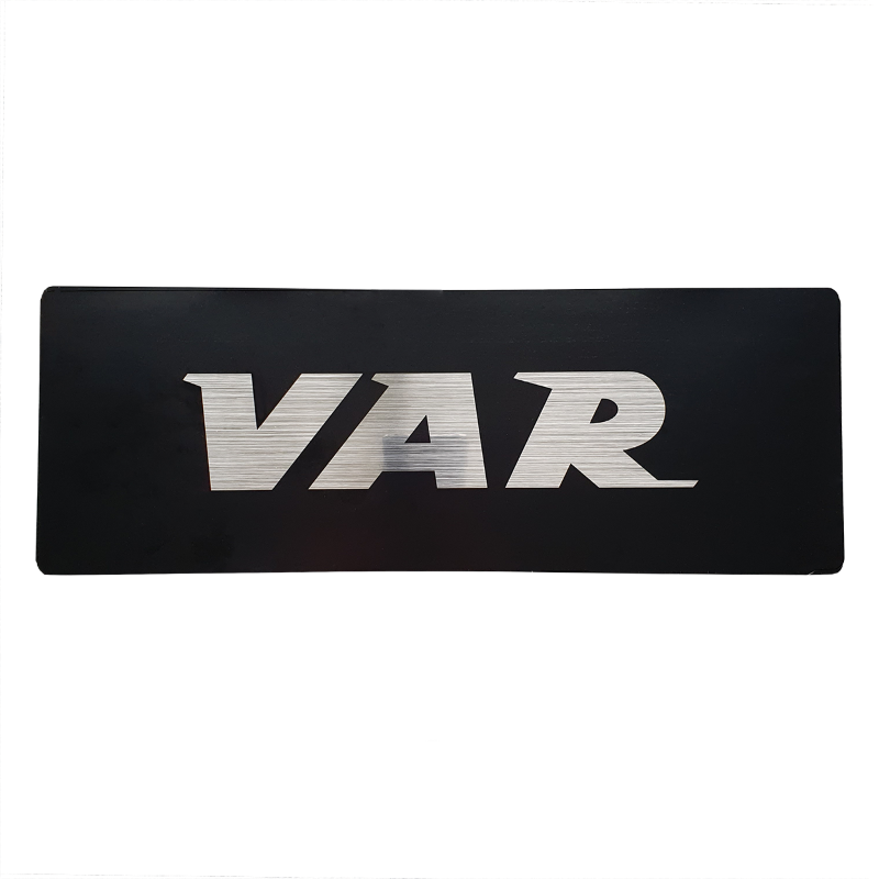 VAR sticker 345x122mm - black background w/ brushed aluminium letters