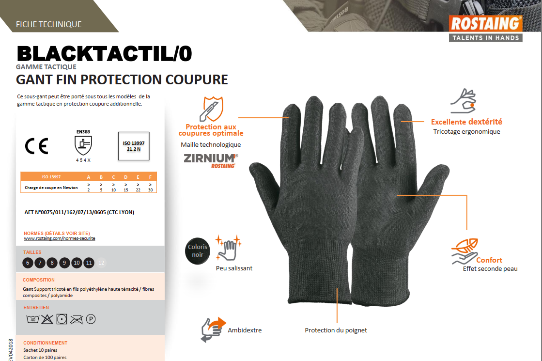 Gant de protection et de palpation fin anti-coupure BLACKTACTIL/0