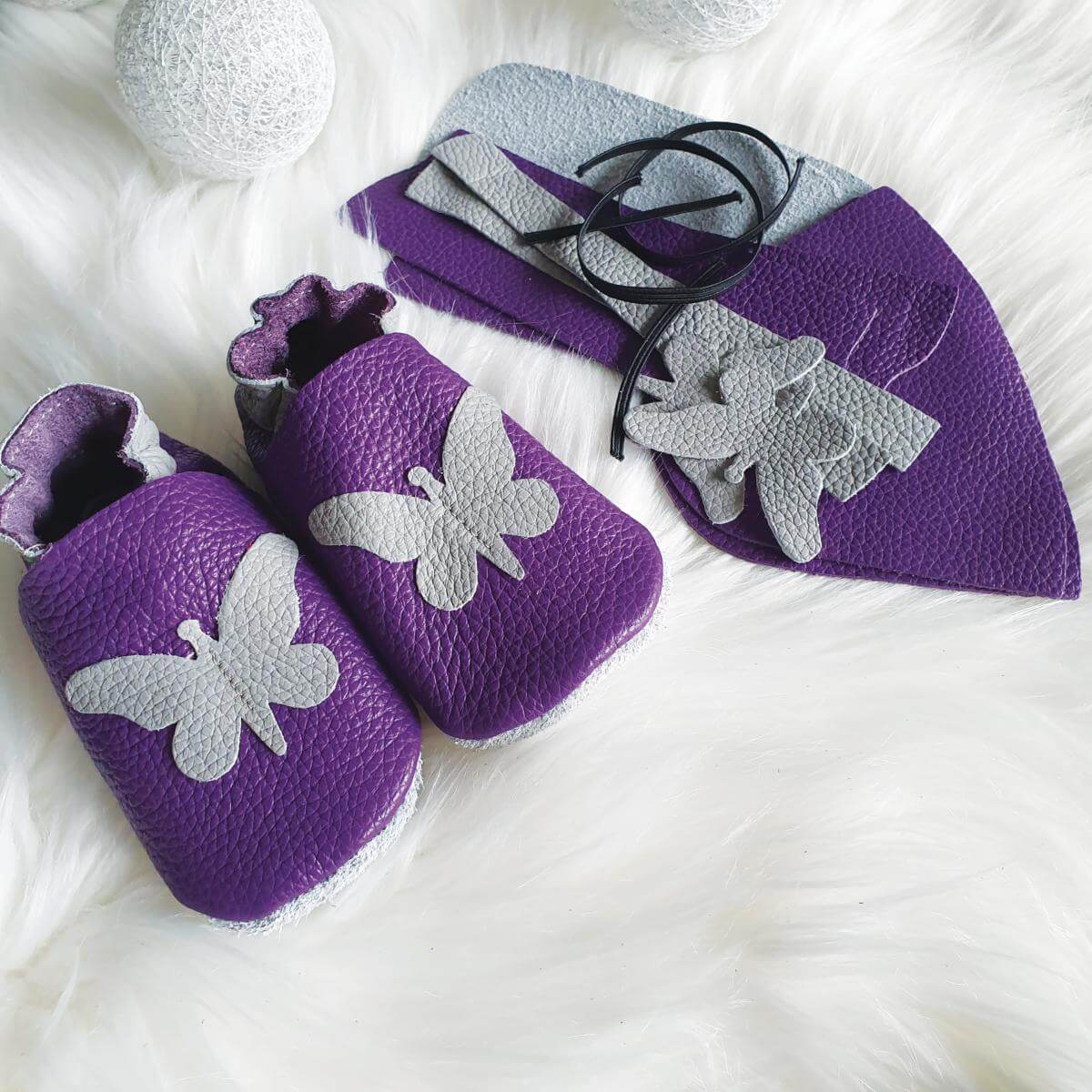 Kit chaussons en cuir pour bébé - Violet / Gris souris / Papillon