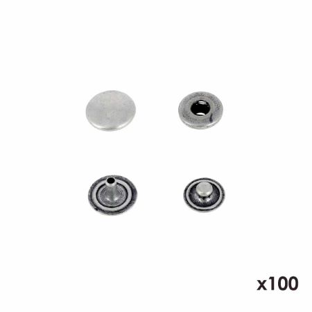 Lot de 100 MINI boutons pression en laiton - ARGENT VIEILLI - diamètre 10,5mm
