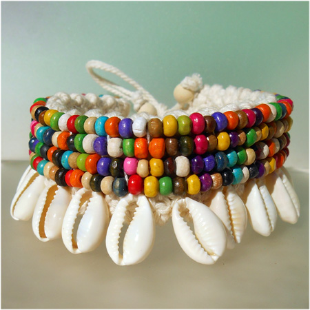 Bracelet de Cheville en Crochet et Coquillages Cauris Perles en bois multicolores