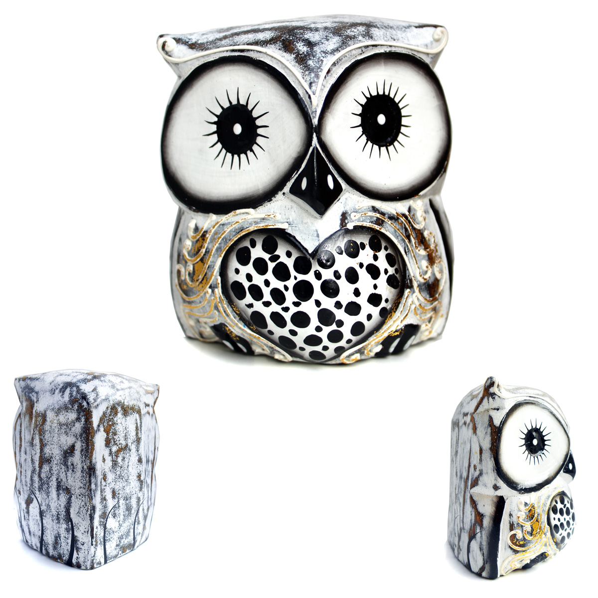 Chouette Hibou en bois Artisanat Coeur et pois 10 cm