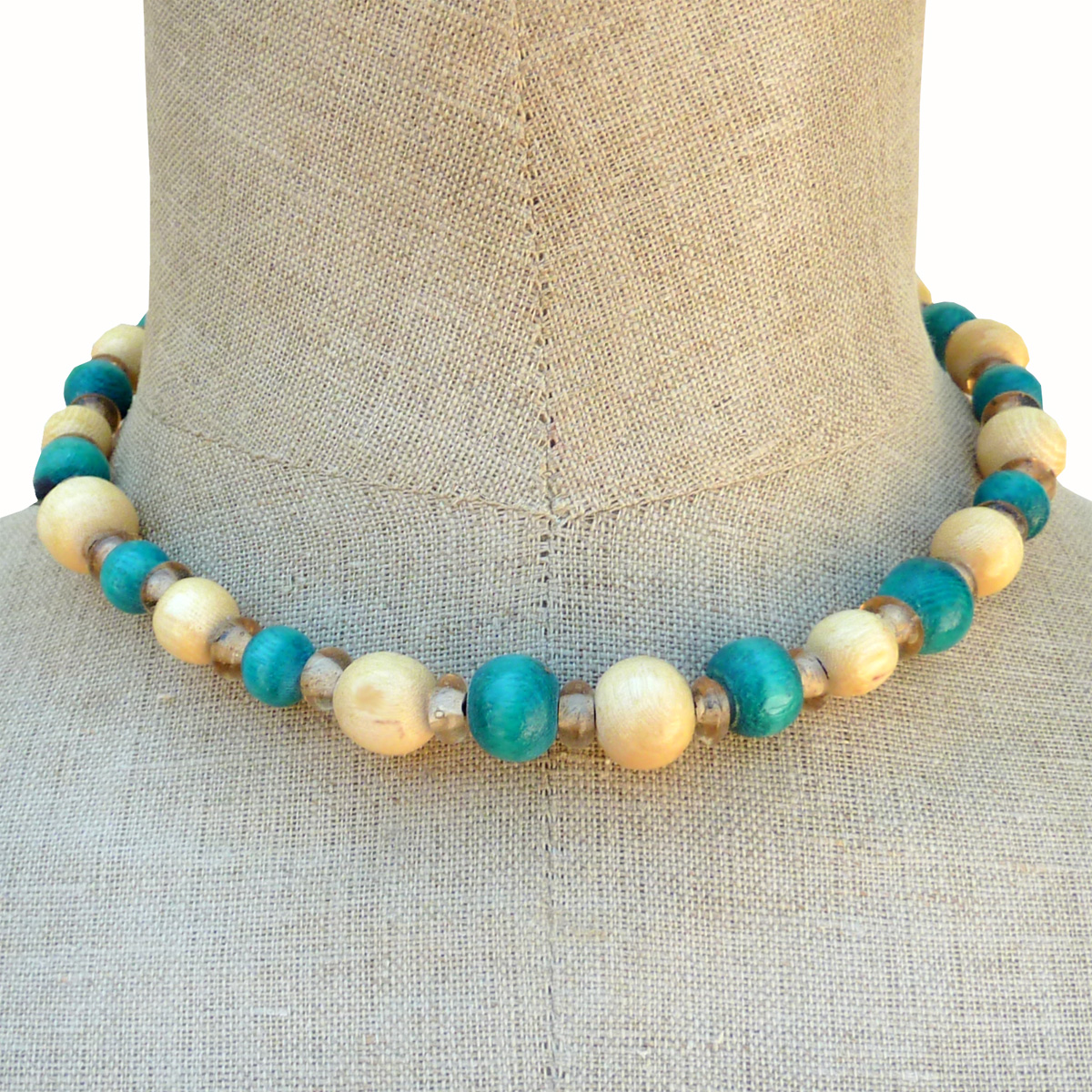 Collier perles en bois rondes et pâte de verre Vert Bleu Jaune