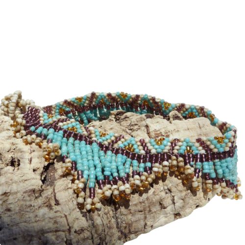 Bracelet de cheville tout en perles de rocailles Franges Bleu Beige