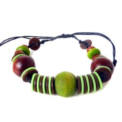 Bracelet original Perles en bois et boutons artisanal Vert et Marron