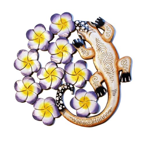 Lézard Gecko avec Fleur de Frangipaniers forme ronde en bois pour décoration murale