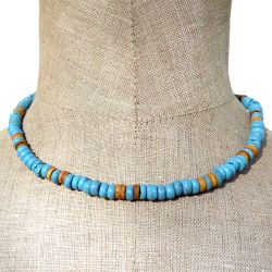 Collier Surf Perles en noix de coco bleu et jaune Look Vintage