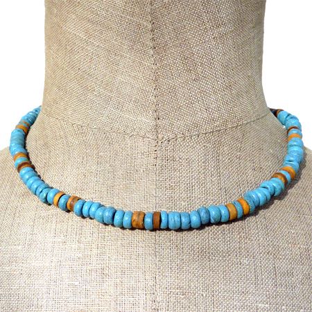 Collier Surf Perles en noix de coco bleu et jaune Look Vintage
