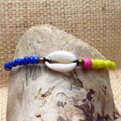 Bracelet cauri original ajustable perles bleues jaunes et rose