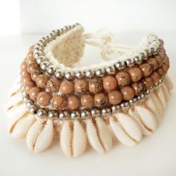 Bracelet de Cheville en Crochet et Coquillages Cauris Perles Marrons et argentées