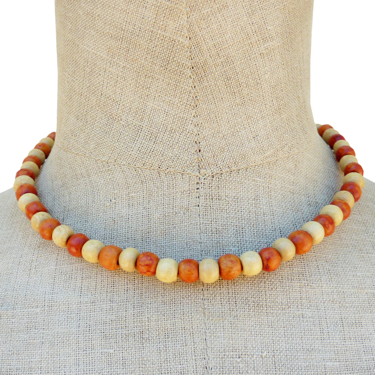 Collier en bois bicolore perles rondes en bois clair et teinté