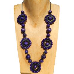 Collier Soleil Violet et noir original en perles de bois  - Artisanat de Bali