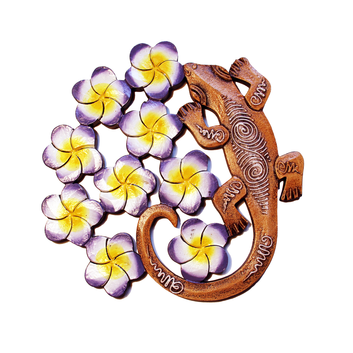 Lézard Gecko Fleurs de Frangipaniers forme ronde en bois pour décoration murale