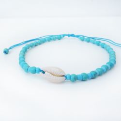 Bracelet de cheville bleu turquoise en perles avec coquillage cauris
