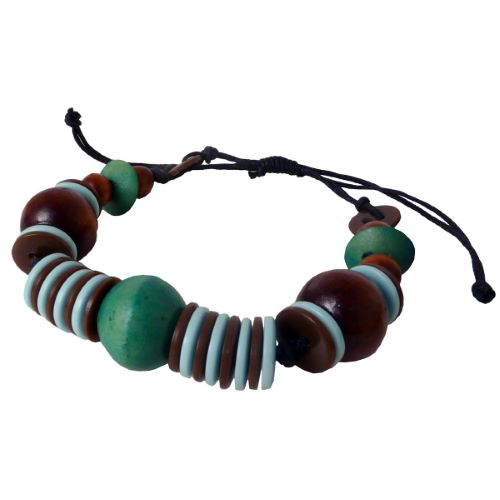 Bracelet original Perles en bois et boutons artisanal Vert Bleu Marron