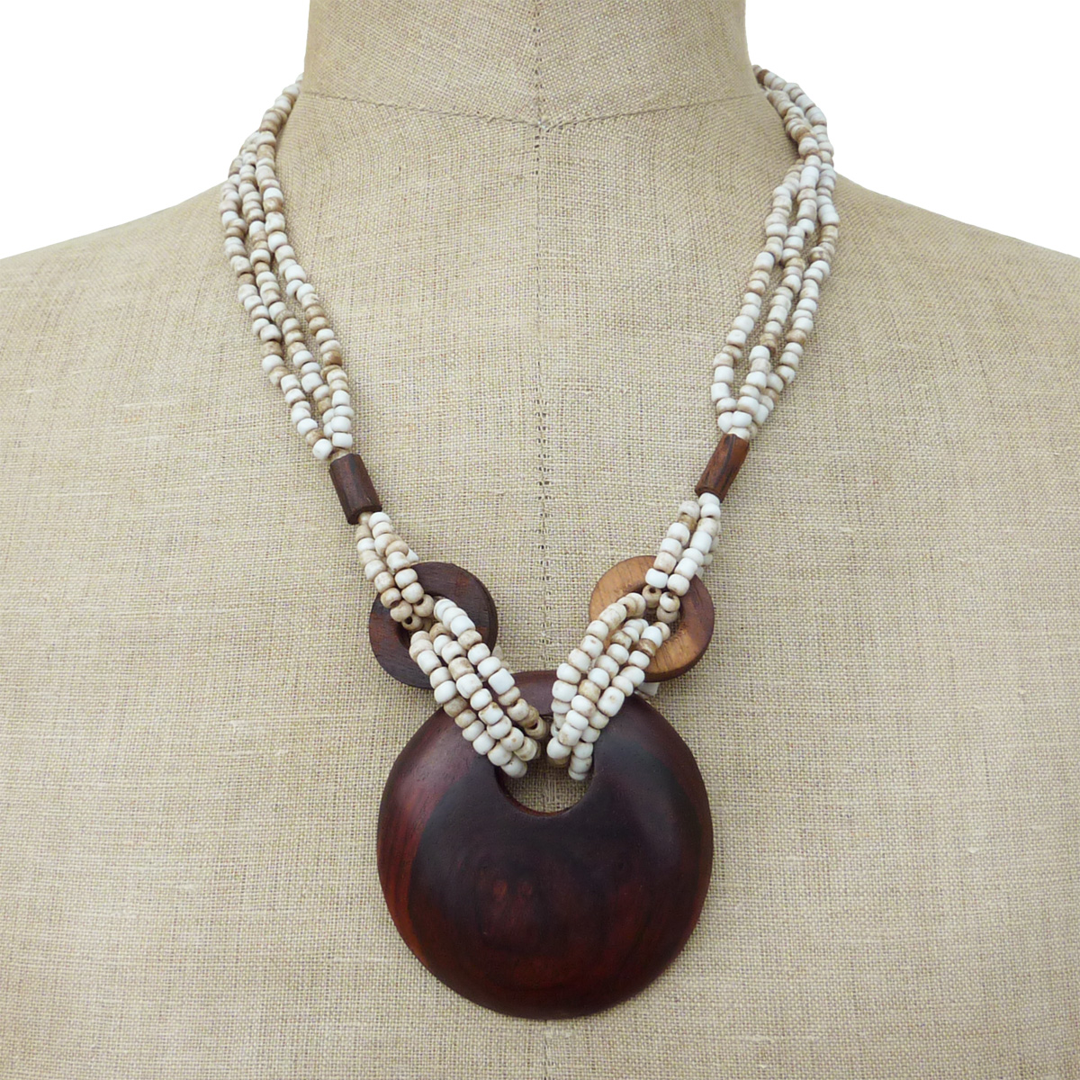 Collier Original mi-long perles de rocaille beige antique Pendentif rond en bois naturel