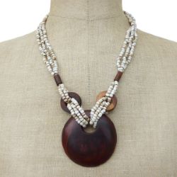 Collier Original mi-long perles de rocaille beige antique Pendentif rond en bois naturel
