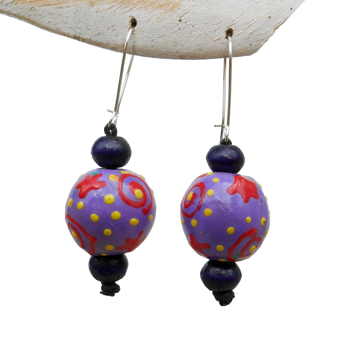 Boucles d'oreilles originales Perles en bois Mauve - Rouge - Jaune