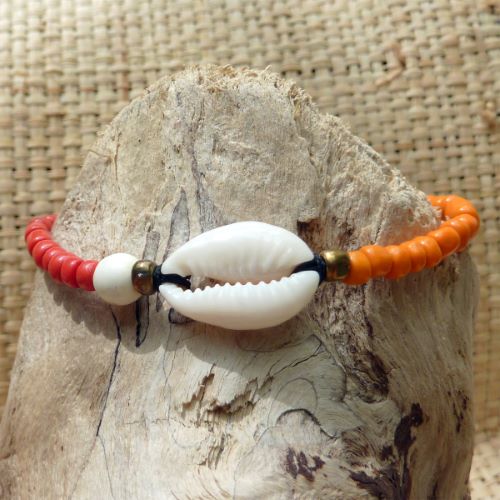 Bracelet cauri original ajustable perles oranges rouges et beige