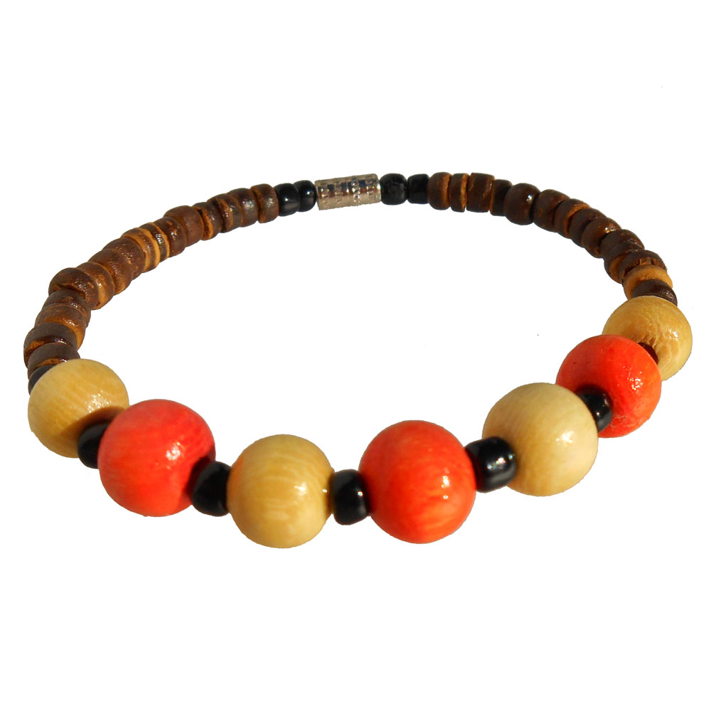 Bracelet perles en noix de coco et bois Pour Garçon ou Fille naturel/orange