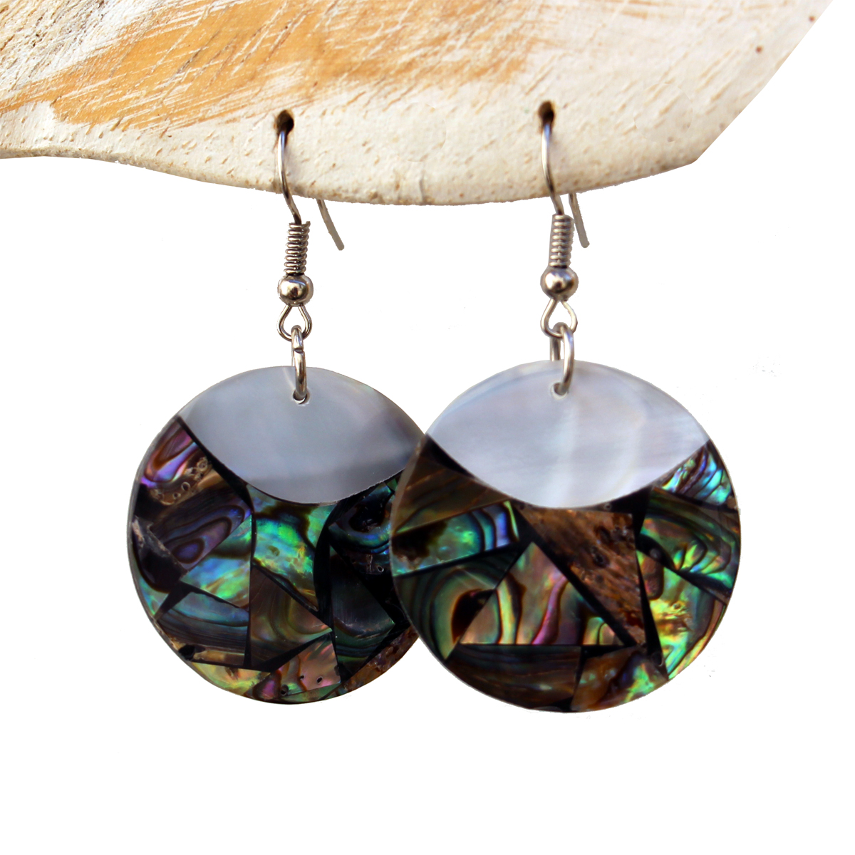 Boucles d'oreilles rondes nacre blanche et mosaique de nacre abalone