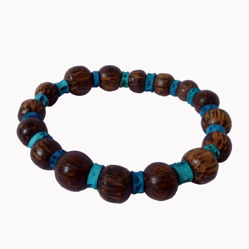Bracelet en bois de palmier surf perles rondes et vertèbres bleues