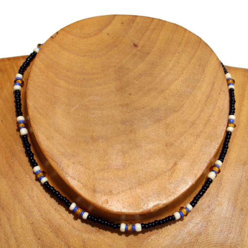 Collier ras de cou Un Fil Perles de Rocaille Verre Noir Beige Bleu jaune