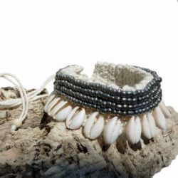 Bracelet de Cheville ou Poignet en coton et Coquillages Cauris Perles de rocaille bronze métallisé